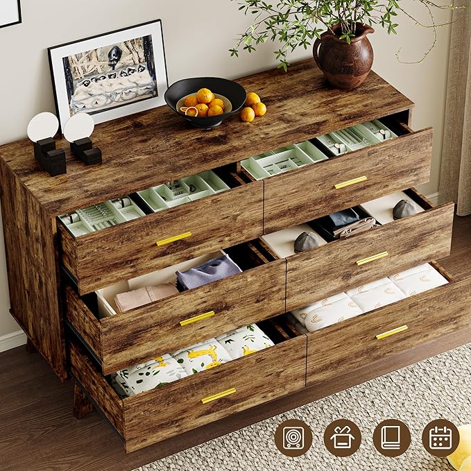 Dresser for Bedroom with 6-Drawer, 47.3" Modern Chest of Drawers with Metal Handles, X-Shape Base & Adjustable Center Leg, Anti-Tip Closet Organizers and Storage