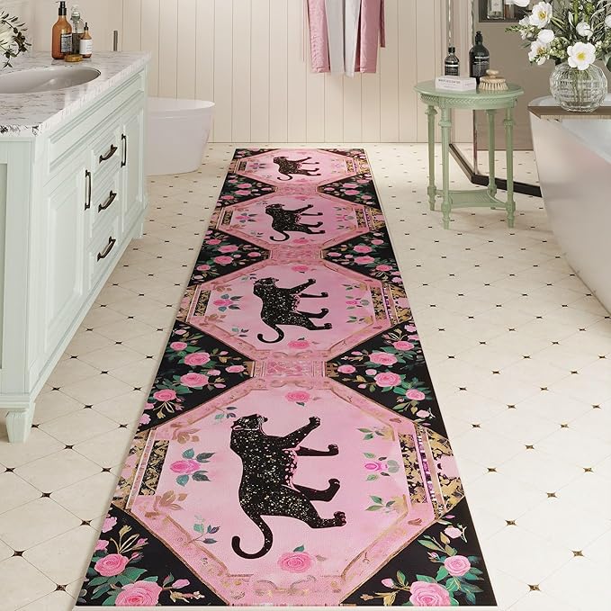 Runners for Kitchen Runner Rug Non Slip 2'x10' Long Washable Rugs with Rubber Backing Soft Retro Lavish Leopard Animal Carpet Runner for Kitchen, Laundry, Bedroom, Bathroom (Black Pink)