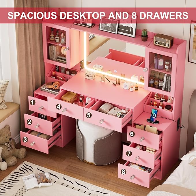PAKASEPT 55.1" Large Vanity Desk with Mirror and Lights, Makeup Vanity with Power Outlet and 8 Drawers, 3 Lighting Modes Adjustable Vanity Table for Girl Women (Pink)