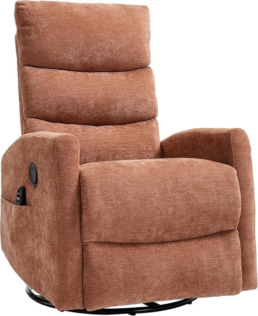 PELUMY Massage Recliner Chair with Heat - Manual Rocker Swivel Recliner, 360° Rotation & 155° Recline for Living Room（Linen Fabric, Orange）