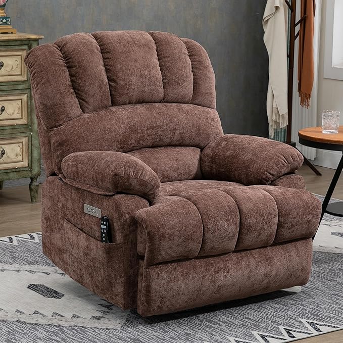 Large Power Lift Recliner Chair with Massage and Heat for Elderly, Ergonomic Backrest, Infinite Adjust, 2 Side Pockets,USB and Type-C Ports, Chenille Brown