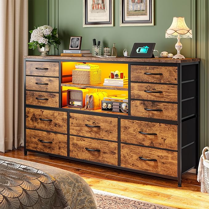 TV Stand with 12 Fabric Drawers for 55 inch TV, Entertainment Center with Charging Station & LED Lights, TV Media Console Table with 2 Open Storage Shelves for Living Room, Dorms, Wood Top, Brown