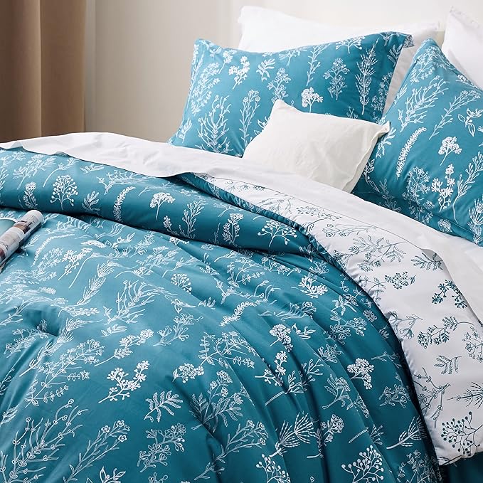 Bedsure Twin/Twin XL Comforter Set - Teal Blue Comforter, Cute Floral Bedding Comforter Sets, Gifts for Woman, 2 Pieces, 1 Soft Reversible Botanical Flowers Comforter and 1 Pillow Sham