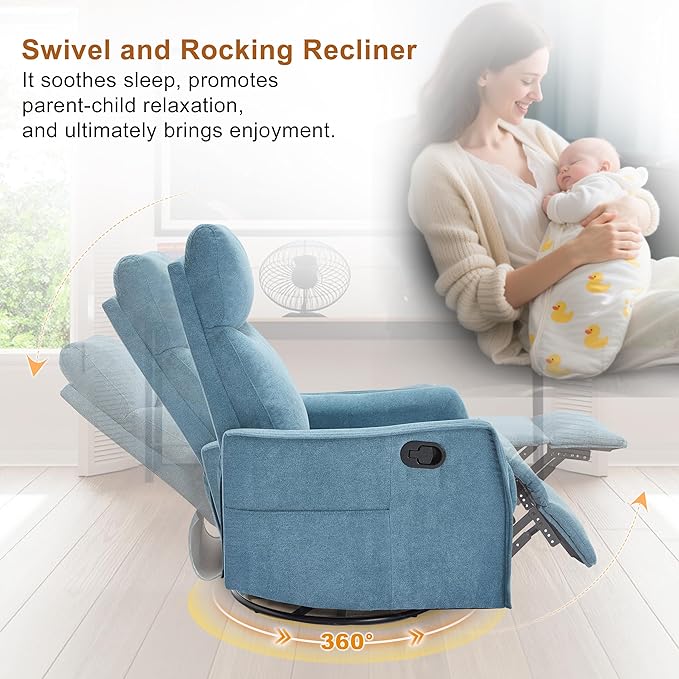 Manual 360° Swivel Rocker Recliner Chair for Adults, Overstuffed Glider Chair for Nursery with Vibration Massage and Heat, Comfy Soft Fabric Glider with Side Pockets for Living Room, Blue