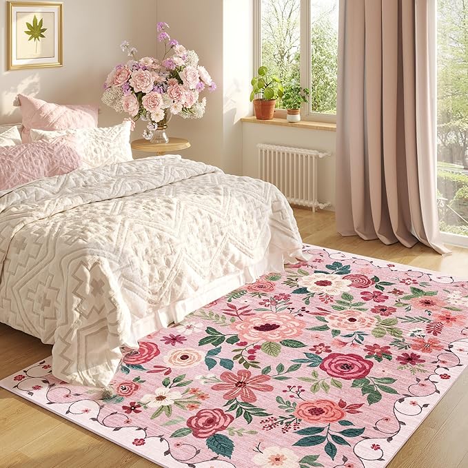 DUKINO 4x6 Area Rug, Floral Rugs for Living Room, Lightweight Non Slip Washable Rug, Indoor Low Pile & Non-Shedding Boho Design Rugs for Bedroom, Living Room, Dining Room, Pink