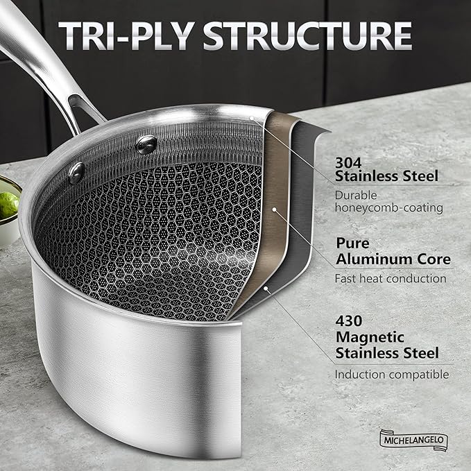 MICHELANGELO Stainless Steel Saucepan Set 1QT & 2QT, Premium Triple Ply Sauce Pan with Lid, Sauce Pot with Honeycomb Interior - 4pcs