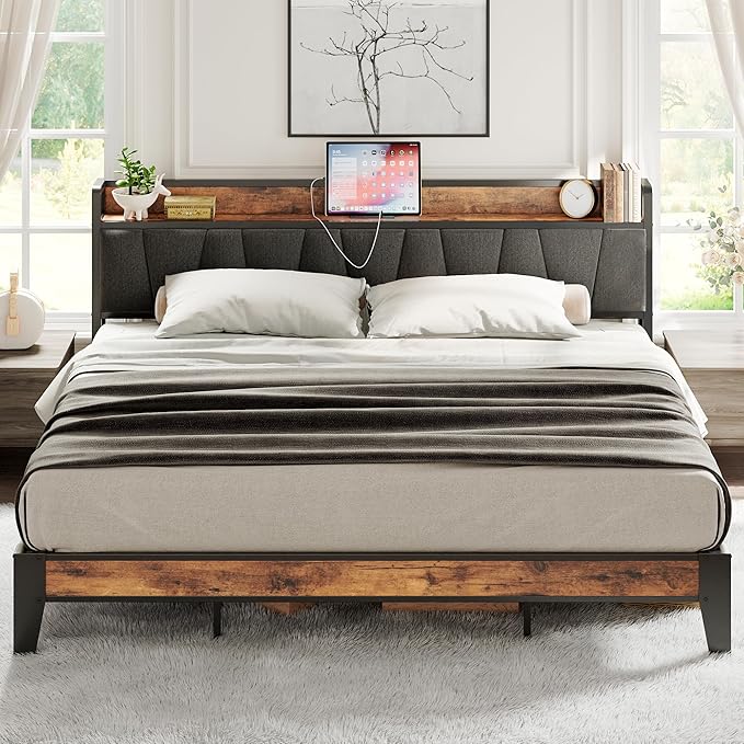 LIKIMIO King Size Bed Frame, Storage Headboard with Charging Station, Solid and Stable, Noise Free, No Box Spring Needed, Easy Assembly