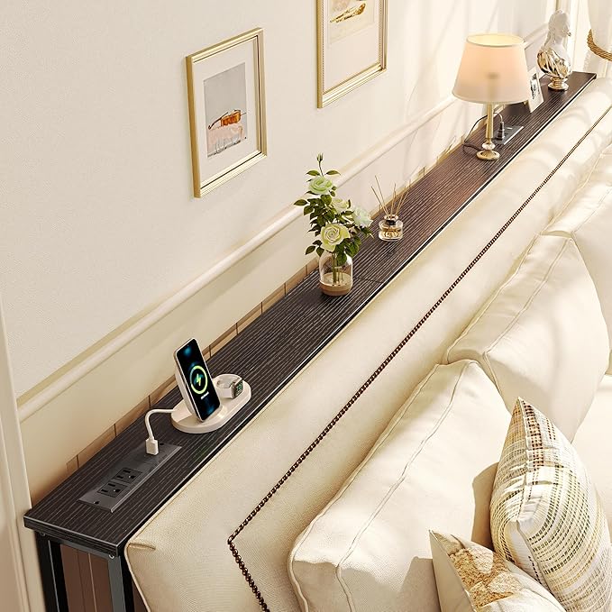 SUPERJARE 102 Inch Sofa Table with 2 Power Outlets and USB-C Ports, 5.9 Inch Narrow Console Table with Storage, Extra-Long Entryway Hallway Couch Table Behind Sofa, Small Spaces, Living Room, Black