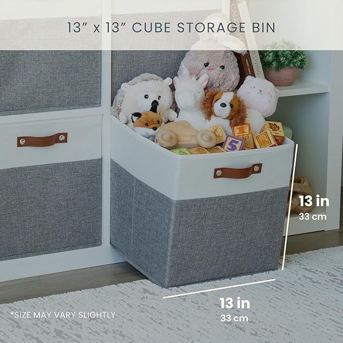 OrganiHaus 13x13 Cube Fabric Storage Bins Set of 4, Fabric Storage Cubes w/ Vegan Handles, 13 inch Collapsible Bins for Clothes & Toys Organizer, Cubbies Organizer, 13x13 Basket for Decor - Grey/White