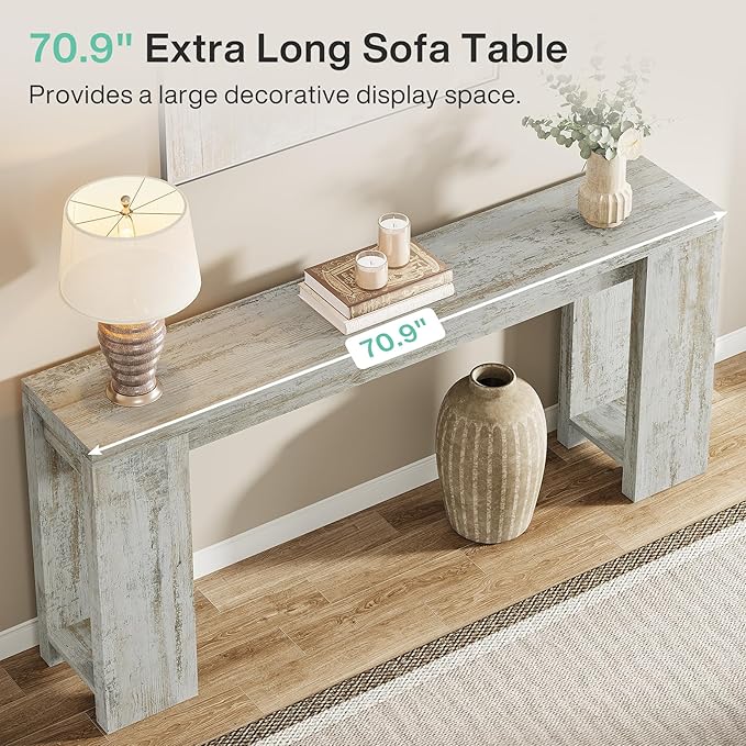 Tribesigns 70.9-Inch Extra Long Console Table, Farmhouse Wood Sofa Table Behind Couch, Narrow Entryway Accent Table for Living Room, Hallway, Entrance, Foyer (Distressed White)