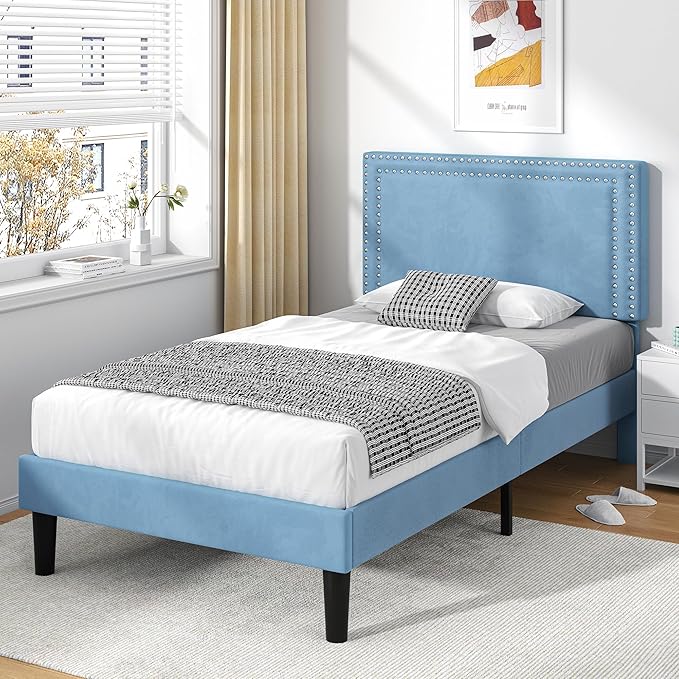VECELO Twin Size Platform Bed Frame with Adjustable Upholstered Headboard, Strong Wood Slat Support, No Box Spring Needed, Easy Assembly