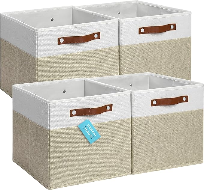 OrganiHaus 12x12 Fabric Storage Bins - Set of 4, Cube Fabric Organizer Bins with Vegan Handles, Kallax Storage Cubes, Cubbies Organizer Boxes, 12Inch Cubic Baskets for Shelves - Beige/White