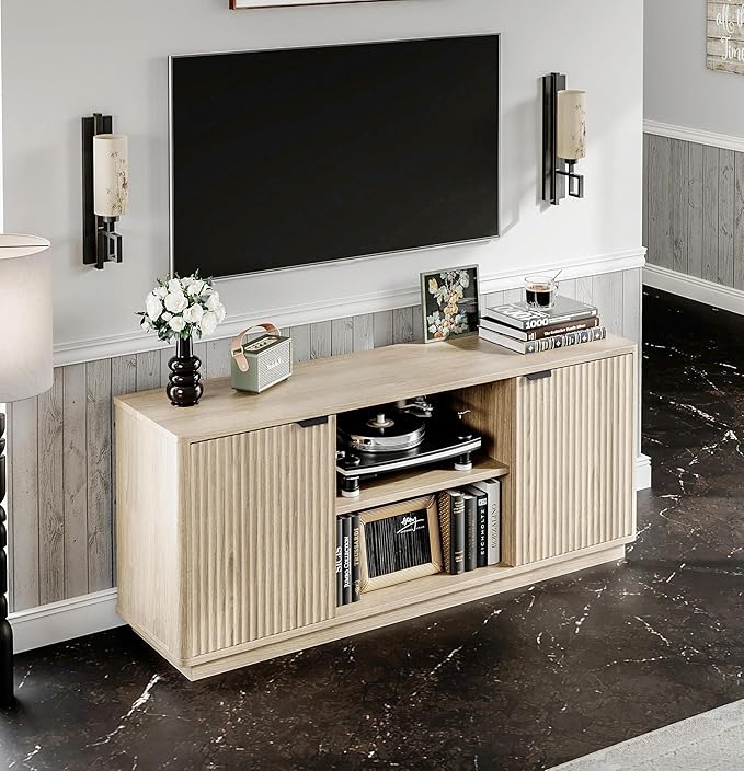 60'' Fluted TV Stand, Console Table, Mid Century Modern Curved TV Stands with Water Wave Shaped Door, Entertainment Center with Metal Handle, Living Room (Cream Yellow Wood Grain)