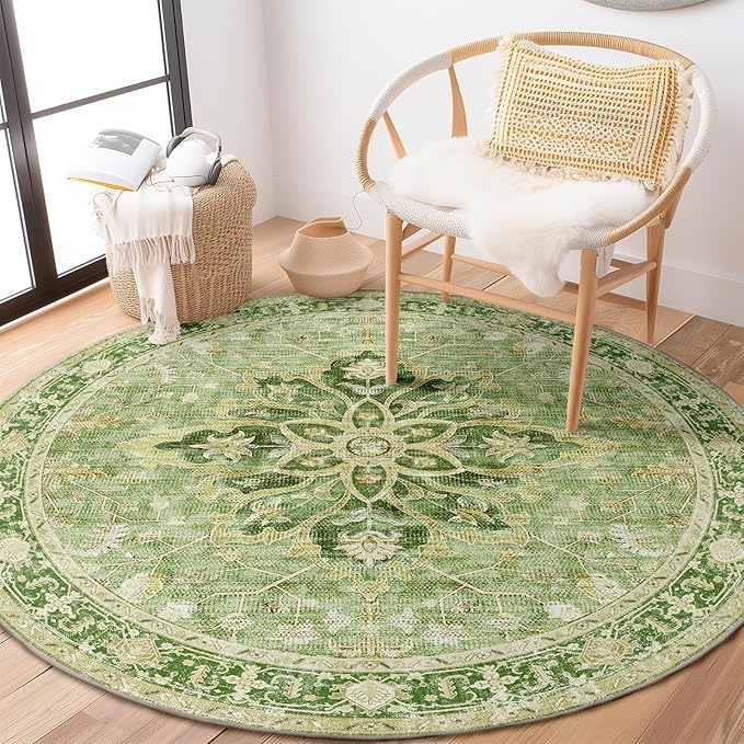 Area Rugs 5ft Washable Non-Slip, Floral Vintage Distress Print Pattern Medallion Carpet for Living Room Bedroom Dining Room, Sage Green Yellow