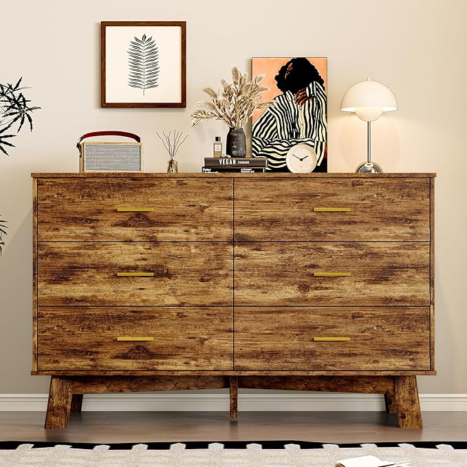 Dresser for Bedroom with 6-Drawer, 47.3" Modern Chest of Drawers with Metal Handles, X-Shape Base & Adjustable Center Leg, Anti-Tip Closet Organizers and Storage