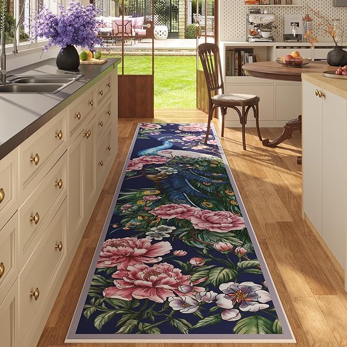 Runners for Kitchen Runner Rug 2'x10' Long Washable Rugs with Rubber Backing Soft Floral Peacock Animal Carpet Runner for Kitchen, Laundry, Bedroom, Bathroom (Cobalt Blue)