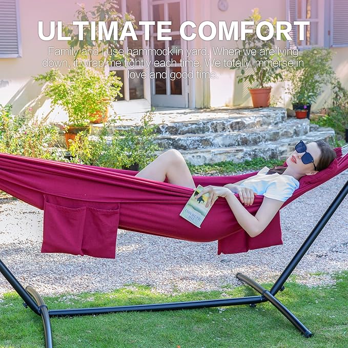 PNAEUT Double Hammocks with Stand for Outside, Portable Space Saving Heavy-Duty Steel Stand for Indoor Outdoor Patio with Carrying Bag, 450 lbs Capacity (Cherry)