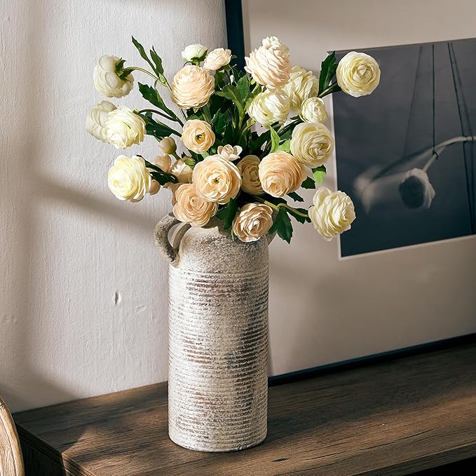 PORCER Ceramic Rustic Vase for Home Decor, Terracotta Vase with Handles, Handcrafted Vintage Decorative Flower Vase for Farmhouse, Living Room, Table, Fireplace, Nightstand