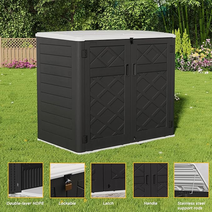 Resin Outdoor Storage Shed, 38 cu.ft Outdoor Storage Box Waterproof for Garden Tools, Patio Furniture, Trash Cans, Garage Storage, Lockable (Black)