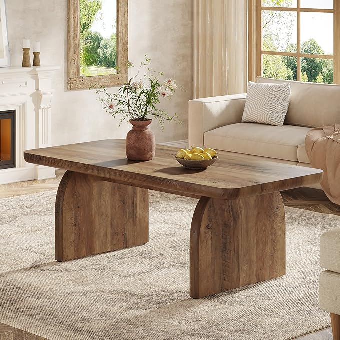 Tribesigns Farmhouse Coffee Table for Living Room, 47-Inch Mid-Century Rectangle Center Table with Rounded Corners, Modern Low Large Cocktail Tea Furniture, Easy Assembly