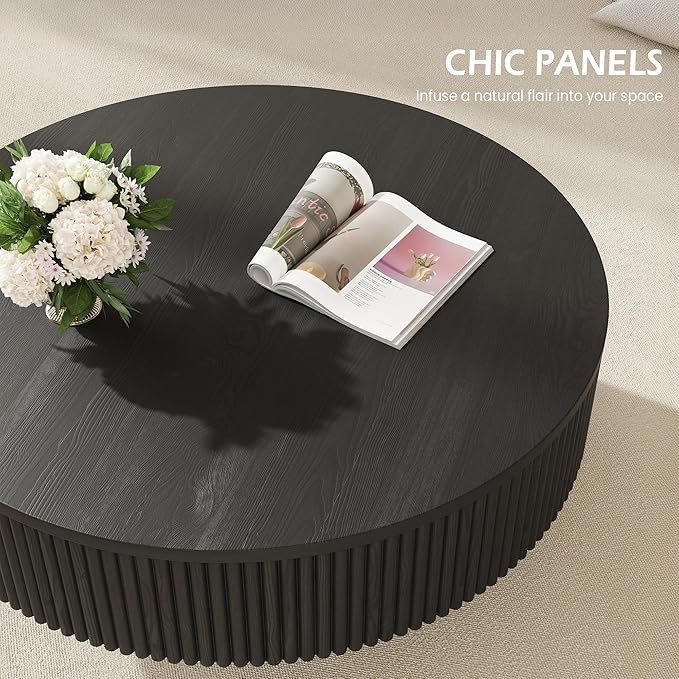 35” Round Fluted Coffee Table, Modern Wood Circle Coffee Table, Veneer Handcrafted Relief Tea Table with Sturdy Pedestal for Living Room - Black