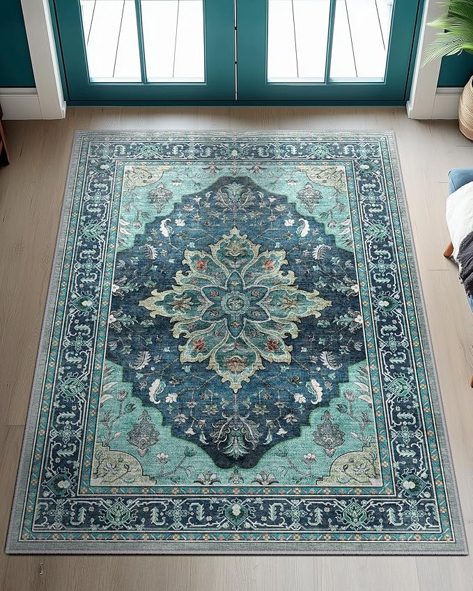 Area Rugs 3'x5' Washable Non-Slip, Floral Vintage Distress Print Pattern Medallion Carpet for Living Room Bedroom Dining Room, Teal Green Lake Blue Turquoise