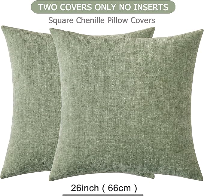 GAWAMAY Decorative Chenille Throw Pillow Covers 26x26 Inch Pack of 2, Soft Square Couch Pillow Cover for Sofa Cushion Living Room Bedroom Oversized Pillowcases Sage Green 66x66cm (ONLY Covers)