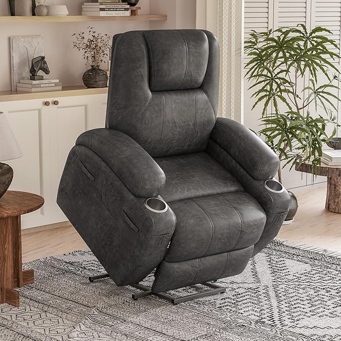 Power Lift Recliner Chair with Massage Electric Lift Chair for Elderly, Ergonomic Recliner with Cup Holders & Side Pockets, Modern Single Sofa for Living Room (Leathaire, Deep Gray)