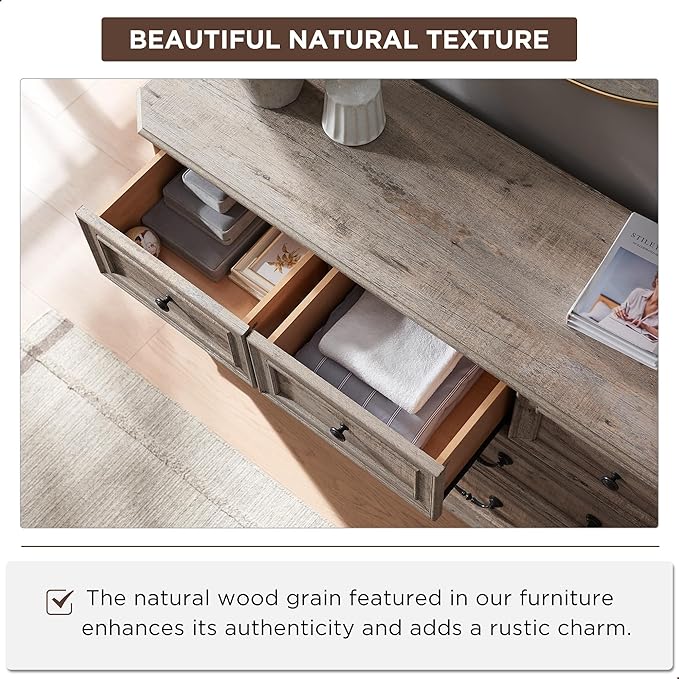T4TREAM Farmhouse 7 Drawers Dresser for Bedroom, 54" Wide Wood Rustic Chest of Drawers with Natural Texture, Vintage Design, Storage Dressers Organizer for Bedroom, Living Room Light Rustic Oak
