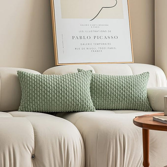 Kevin Textile 2 Packs Lumbar Decorative Throw Pillow Covers 12x20 Inch for Living Room Couch Bed Sofa Spring Soft Striped Corduroy Rectangle Cushion Case 30x50 cm Farmhouse Boho Home Decor Sage Green