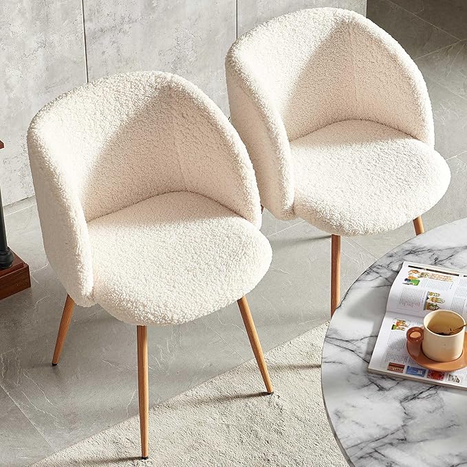 47" Round Kitchen Dining Table Set for 4, Two-Part White Marble Tabletop with Wood Strips, Industrial Home Kitchen Table Set with Off White Sherpa Barrel Dining Accent Side Chairs Comfy