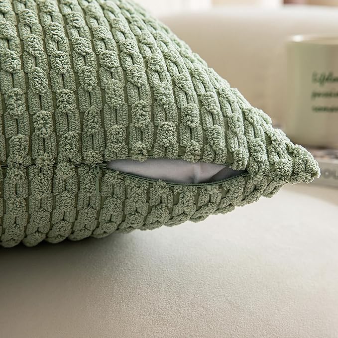 Kevin Textile Pack of 2 Corduroy Decorative Throw Pillow Covers 22x22 Inch Spring Soft Boho Striped Pillow Covers Modern Farmhouse Home Decor for Spring Sofa Living Room Couch Bed Sage Green