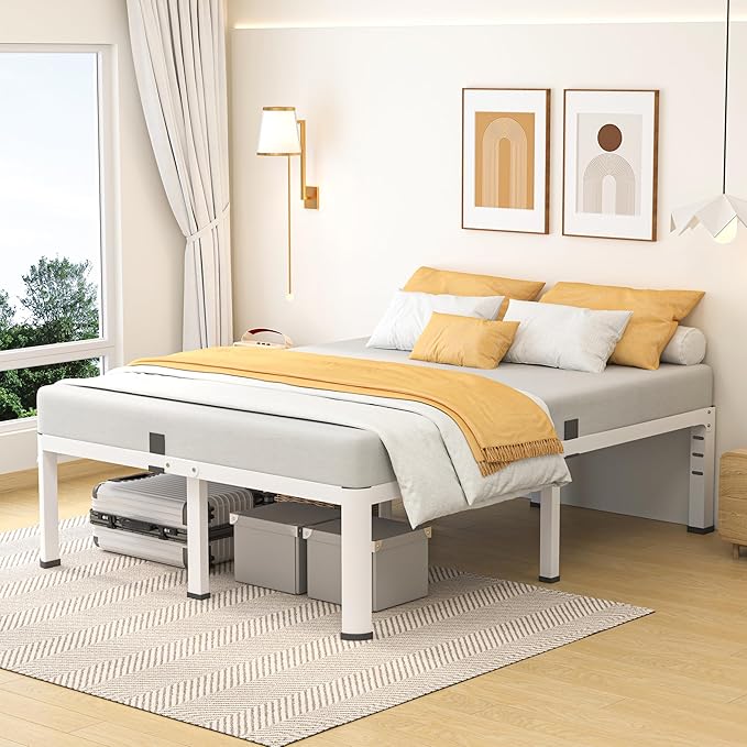 14 Inch King Bed Frame, Metal Platform Bed Frame with Round Corner Legs, 3500 lbs Heavy Duty Steel Slats Support, No Box Spring Needed, Noise Free, Easy Assembly, White