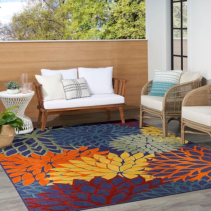 Nourison Home Aloha Indoor/Outdoor Modern Navy Multicolor 7'10" x 10'6" Area Rug, Easy Cleaning, Non Shedding, Bed Room, Living Room, Dining Room, Backyard, Deck, Patio (8x11)