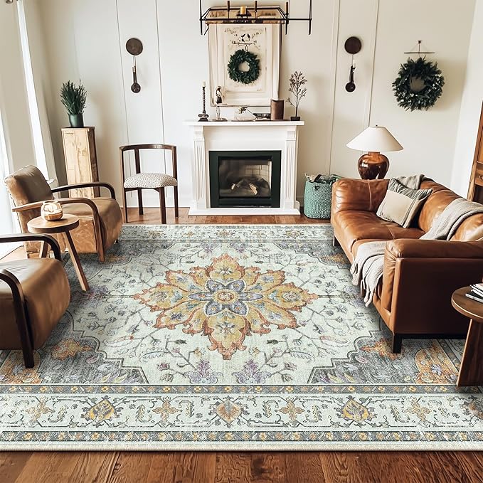 Area Rugs 5'x7' Washable Non-Slip, Floral Vintage Distress Print Pattern Medallion Carpet for Living Room Bedroom Dining Room, Light Yellow Carbon Grey Orange