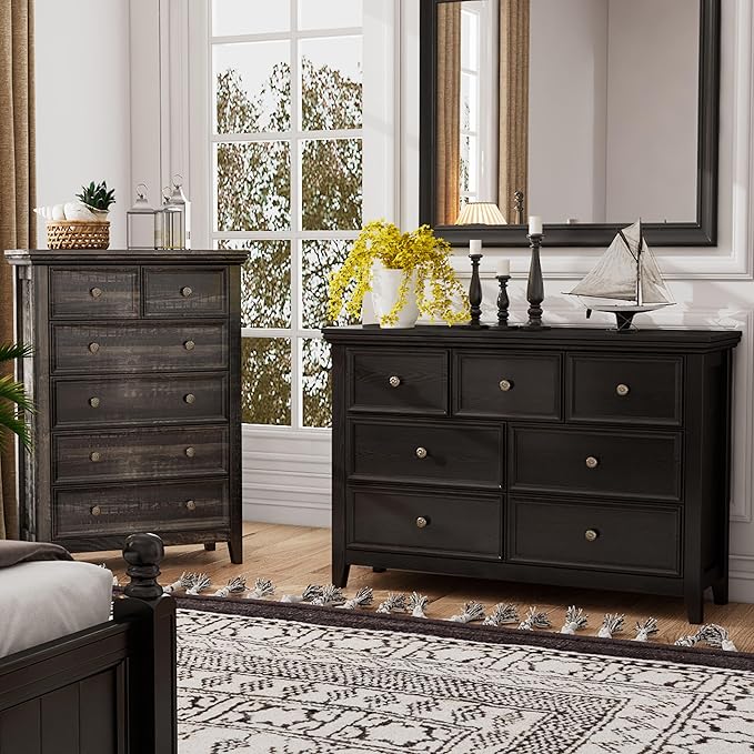 BLANKSPACE Black Dresser, Modern Dresser for Bedroom, 7 Chest Drawer Nightstand, Large Capacity Wood Cabinet for Bedroom, Living Room, Closets