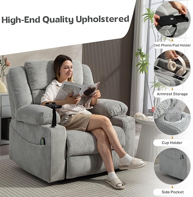 Dual Motor Power Oversized Swivel Rocker Recliner Chair with Adjustable Headrest for Adults, Glider Rocking Chairs with Vibration and Heat, USB Type C, Armrest Storage, Cup Holder, Light Gray