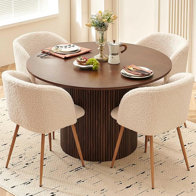 5 Piece 47-inch Round Dining Table Set for 4, Rustic Walnut Dinner Table with Upholstered Sherpa Dining Room Chairs Set, Engineered Wood Kitchen Table with Wood Strips Base