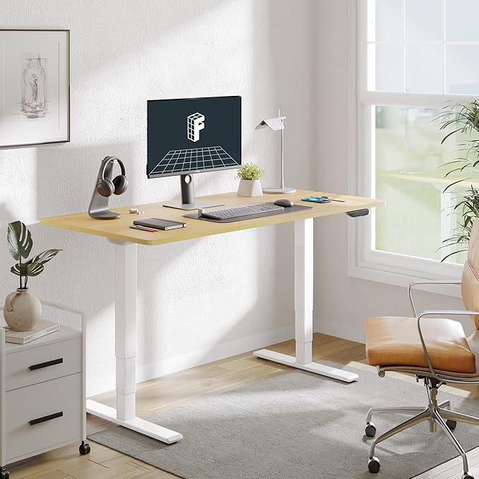 FLEXISPOT E6 MAX Dual Motor 3 Stages Standing Desk 60x24 Inch Whole-Piece Board Electric Height Adjustable Stand Up Desk 150KG Load Capacity(White Frame + Maple Desktop)