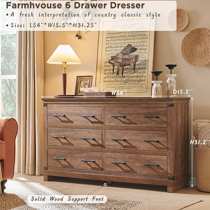 T4TREAM Farmhouse 6 Drawers Dresser for Bedroom, 54" Wide Wood Chest of Drawers w/Natural Texture & Metal Handle, Rustic Storage Dressers Organizer for Living Room, Hallway,Reclaimed Barnwood