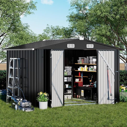 COMHOMA Shed Outdoor Storage Shed Metal,Lockable Doors Tool Sheds with Sloping Roof,Steel Garden Shed with Air Vent for Backyard,Patio,Lawn,Poolside (Grey, 10'*8'/Base)