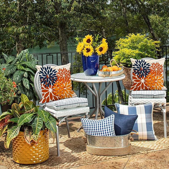 DFXSZ Outdoor Pillow Covers 20x20 Inch Set of 2 Blue Orange Flower Decorative Waterproof Summer Outdoor Fall Pillow Covers for Patio Funiture Garden Couch 168N20