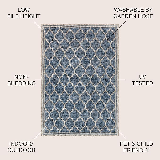 Eyely BMS109D-6 Santa Monica Trebol Moroccan Trellis Textured Weave, Pet Friendly, Non-Shedding, Stain Resistant, Easy-Cleaning, Navy/Gray, 6 ft. x 9 ft., Indoor/Outdoor, Area Rug