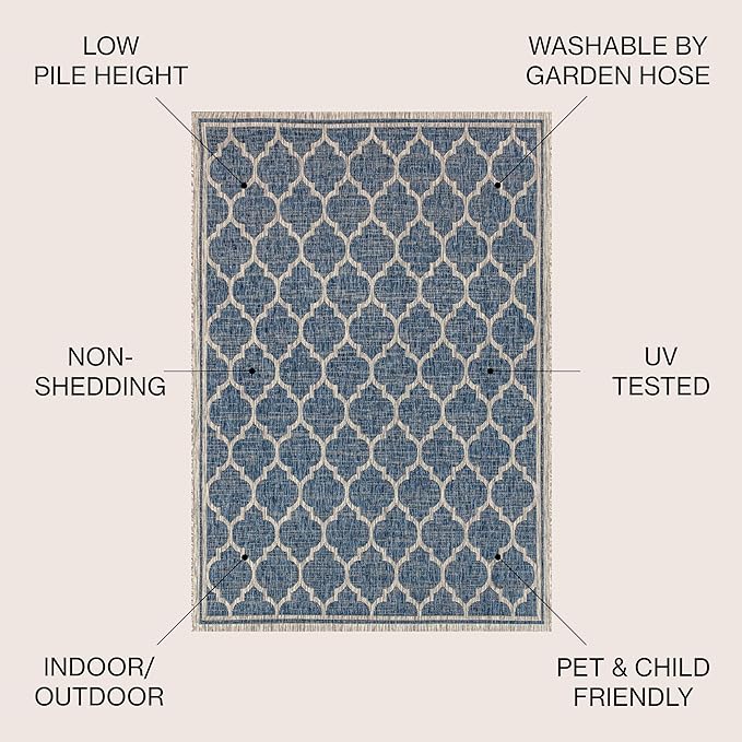 Eyely BMS109D-4SQ Santa Monica Trebol Moroccan Trellis Textured Weave, Pet Friendly, Non-Shedding, Stain Resistant, Easy-Cleaning, Navy/Gray, 4' Square, Indoor/Outdoor, Area Rug