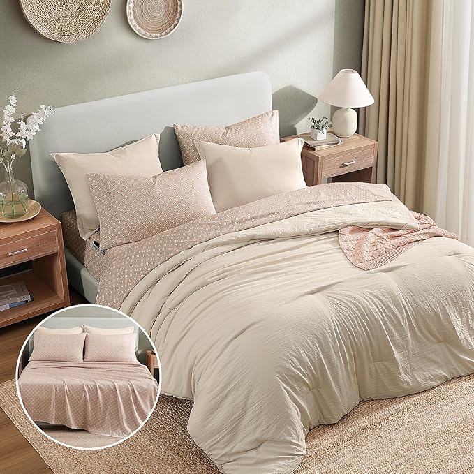 Monbix Queen Comforter Set - 7 Pieces Beige Prewashed Bed in a Bag Queen Bedding Sets with Comforters, All Seasons Down Alternative Comforter Bed Set with Sheets,Pillowcases & Shams