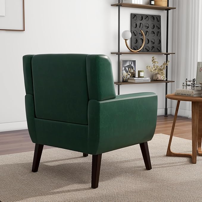 Accent Chair, Mid-Century Modern PU Leather Chairs with Arms for Living Room, Comfy Upholstered Club Single Sofa Armchair for Bedroom Waiting Room with Solid Wood Frame（Leather Green, Set of 1