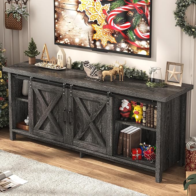 Farmhouse TV Stand for 65 Inch TV with Sliding Barn Door, Rustic Wood Entertainment Center Large Media Console Cabinet Long Television Stands,Console Table and Media Furniture for Living Room(Grey)