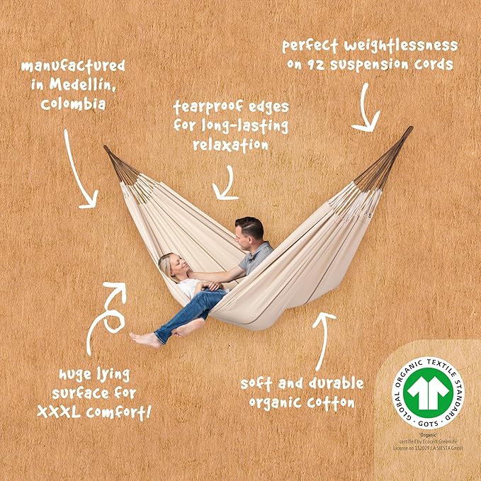 LA SIESTA Modesta Organic Cotton Hammock - Indoor Outdoor, Bedroom Backyard Porch Patio Tree - Extra Large Fabric Bed, 2 Person - Max 440 Lbs, King, Nougat