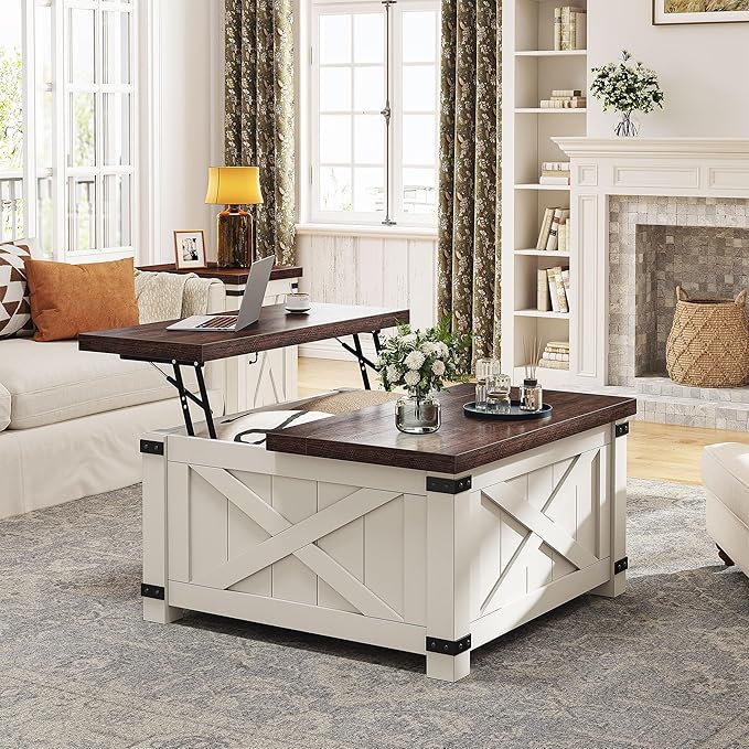 EnHomee Coffee Table 35.7" W Lift Top Coffee Tables for Living Room White Modern Coffee Table with Storage, Square