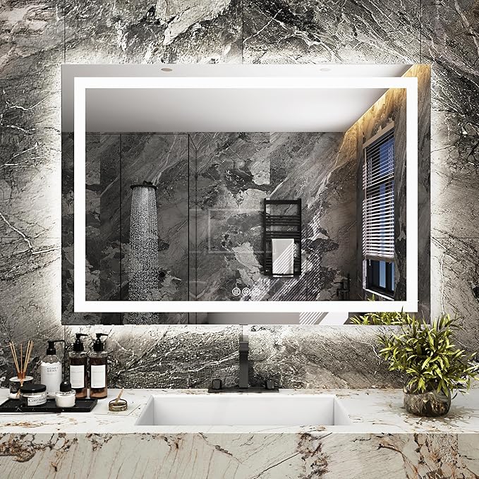 Antok 36"x 48" LED Bathroom Mirror with Lights, Anti-Fog, Dimmable, Lighted Vanity Mirror with Tempered Glass, Memory Function, 3 Light Modes, Safe Use, Horizontal, Vertical